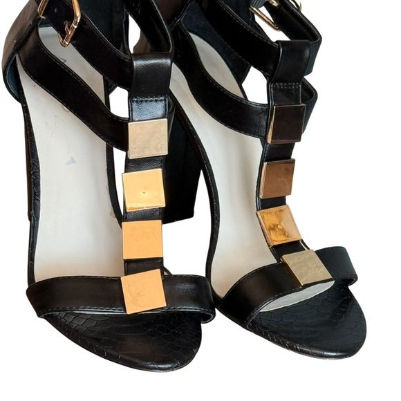 Aldo Black + Gold Tile Strappy Block Heel Gladiator High Heels Sandals Size 9 - Picture 10 of 16